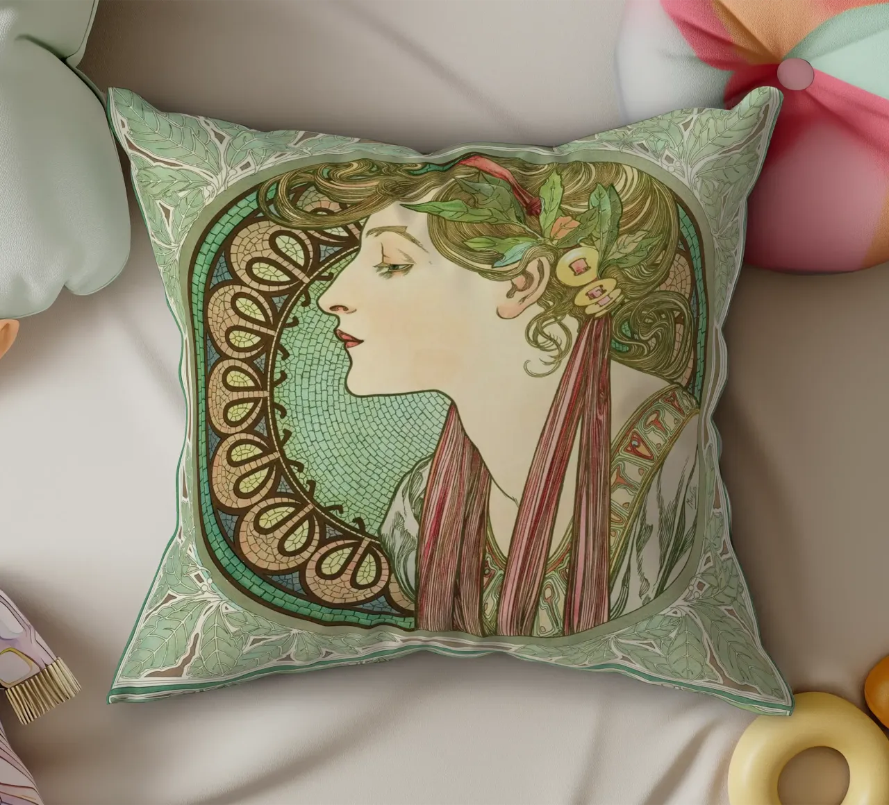 Alphonse Mucha - Alloro cuscino da Timeless Artworks