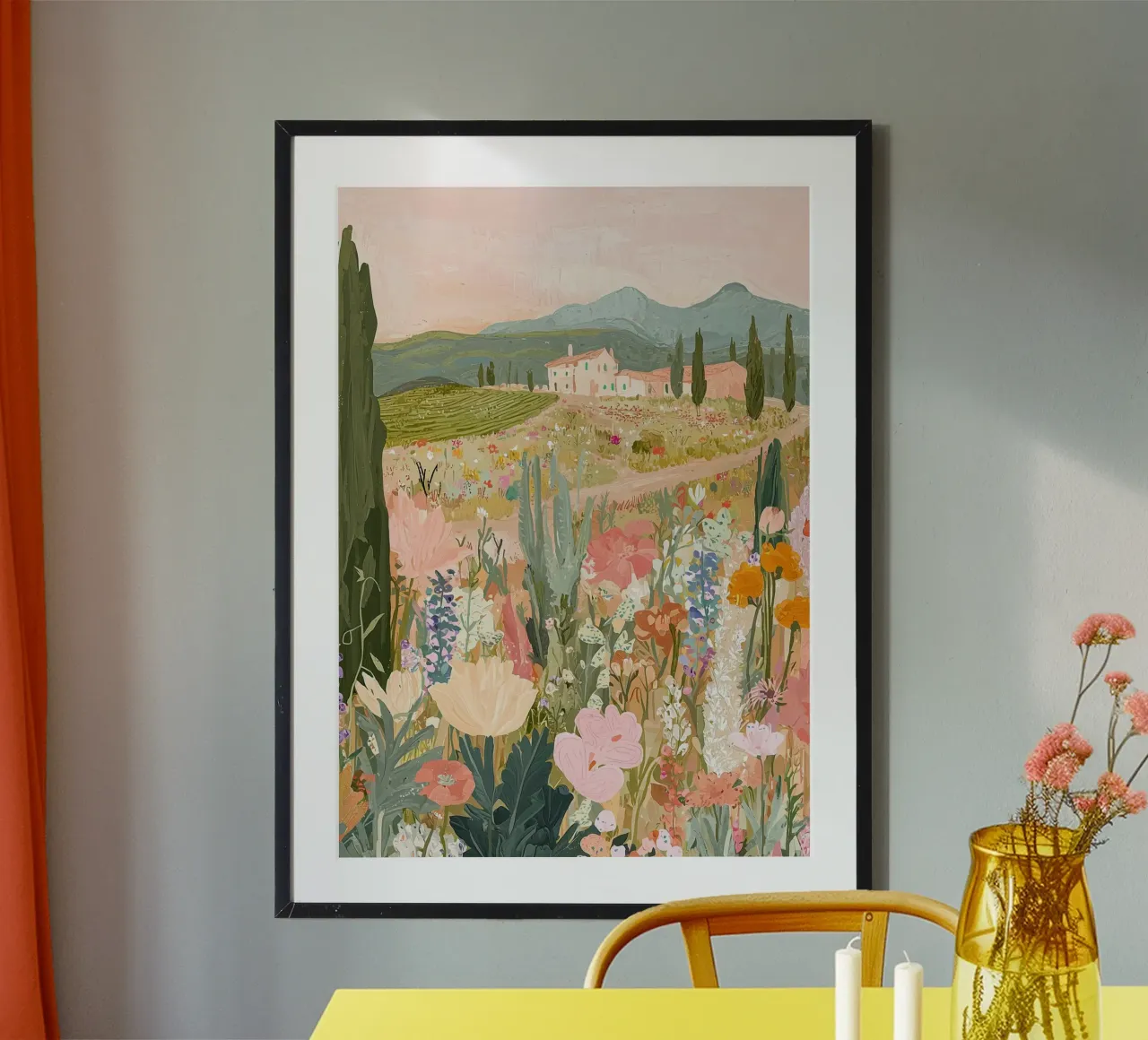 Abstracte bloemenprint, bloemenlandschap kunst poster met aluminium frame van ArtHaus