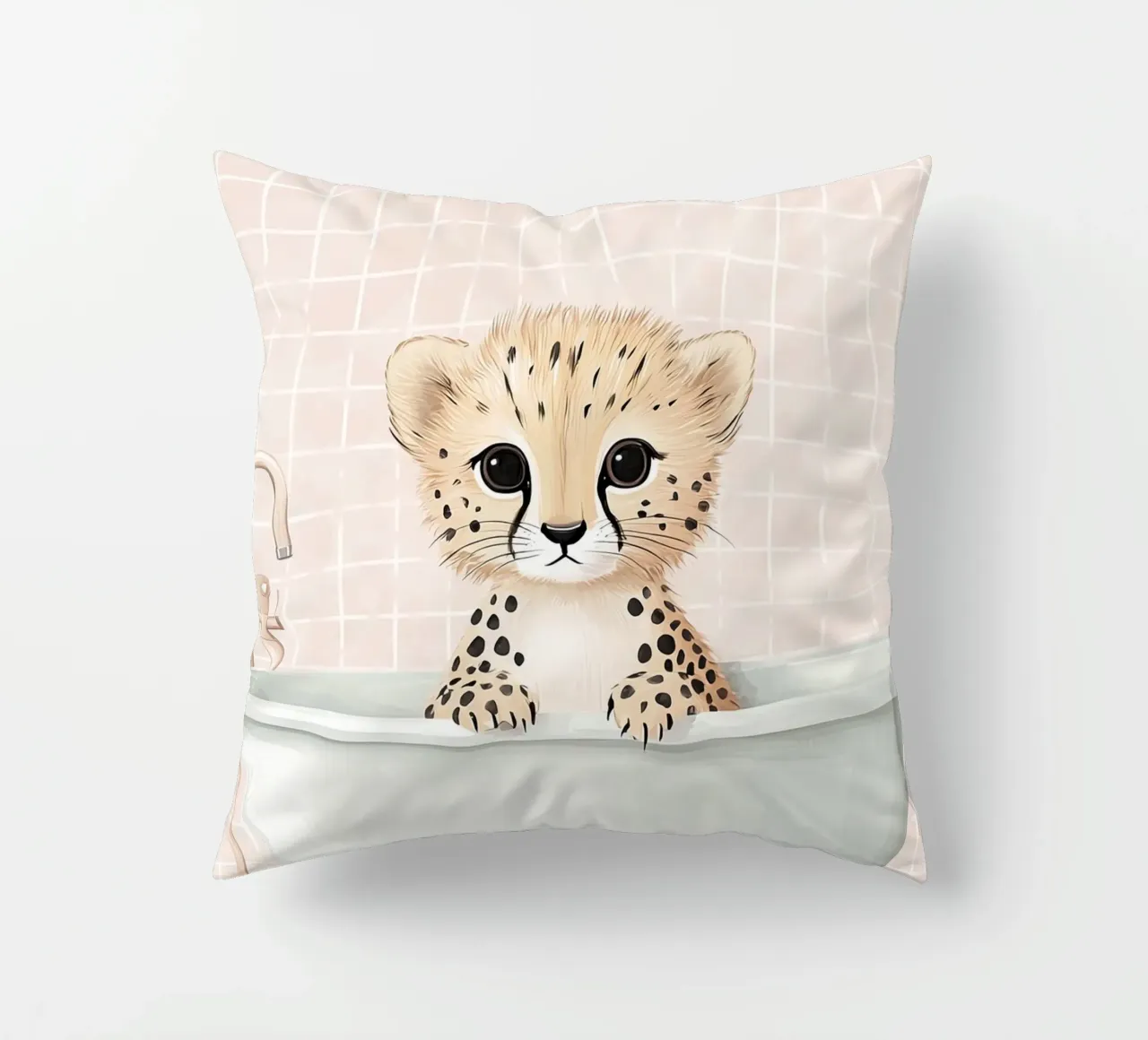 Leeuwenwelpje in bad, schattige kinderkunst, dierenkinderkamer kussen van Little Lola