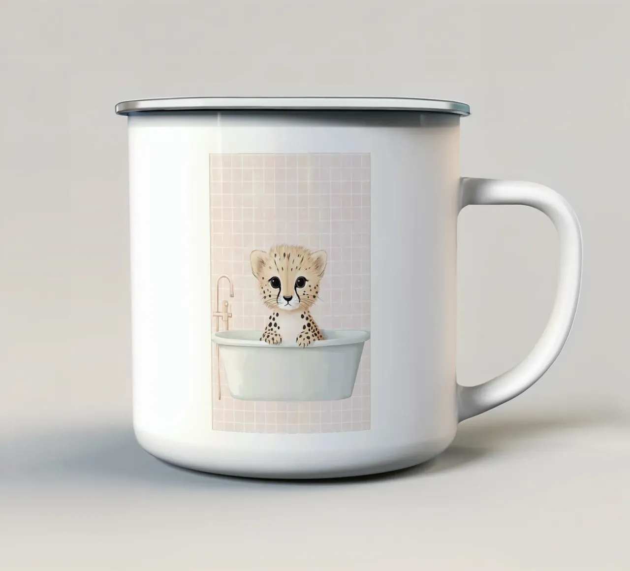 Leeuwenwelpje in bad, schattige kinderkunst, dierenkinderkamer emaille mok van Little Lola