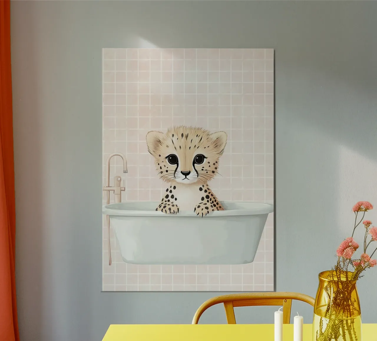 Leeuwenwelpje in bad, schattige kinderkunst, dierenkinderkamer aluminium-dibond van Little Lola