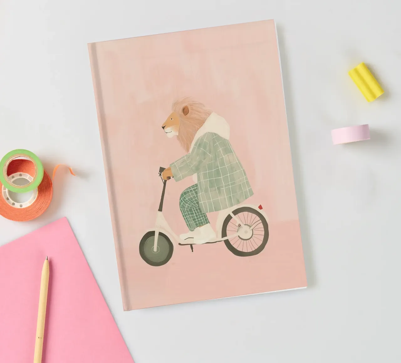 Lion Cycling, Cute Kids Print for Nursery, Funny Lion Print notebook by Little Lola