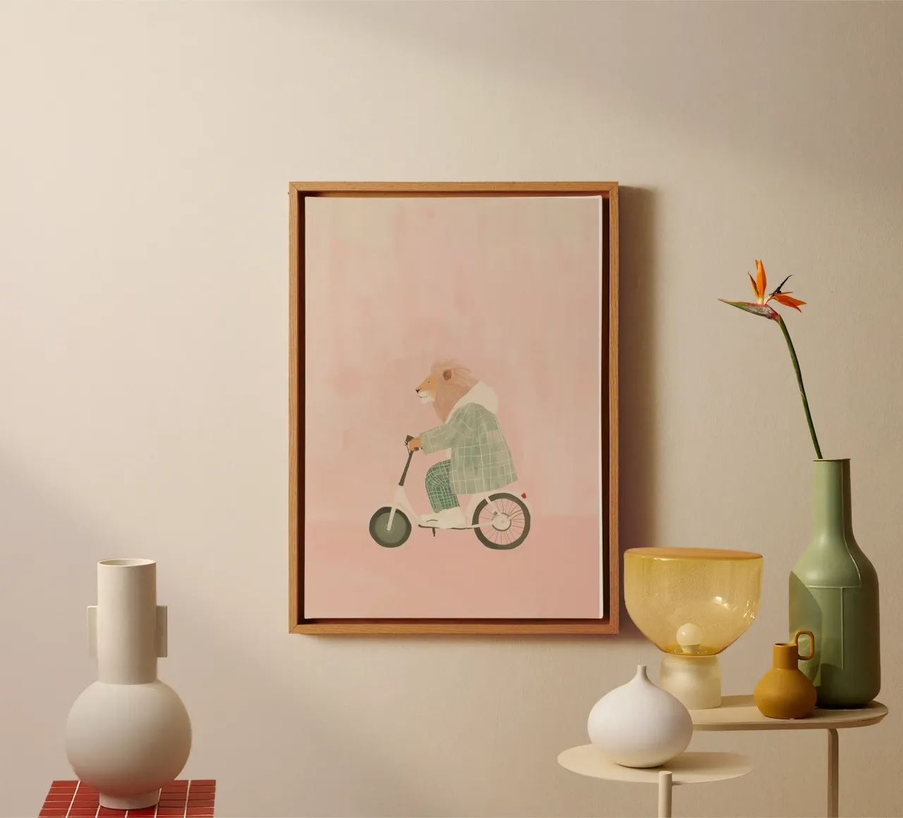 Fietsen met leeuw, leuke kinderprint voor babykamer, grappige leeuwenprint canvas met Baklijst van Little Lola
