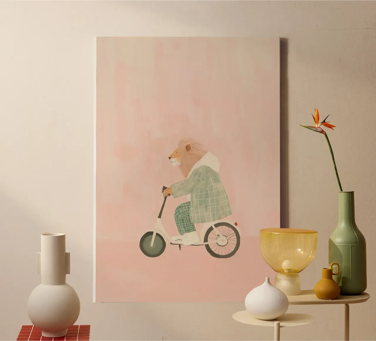 Fietsen met leeuw, leuke kinderprint voor babykamer, grappige leeuwenprint canvas met Baklijst van Little Lola