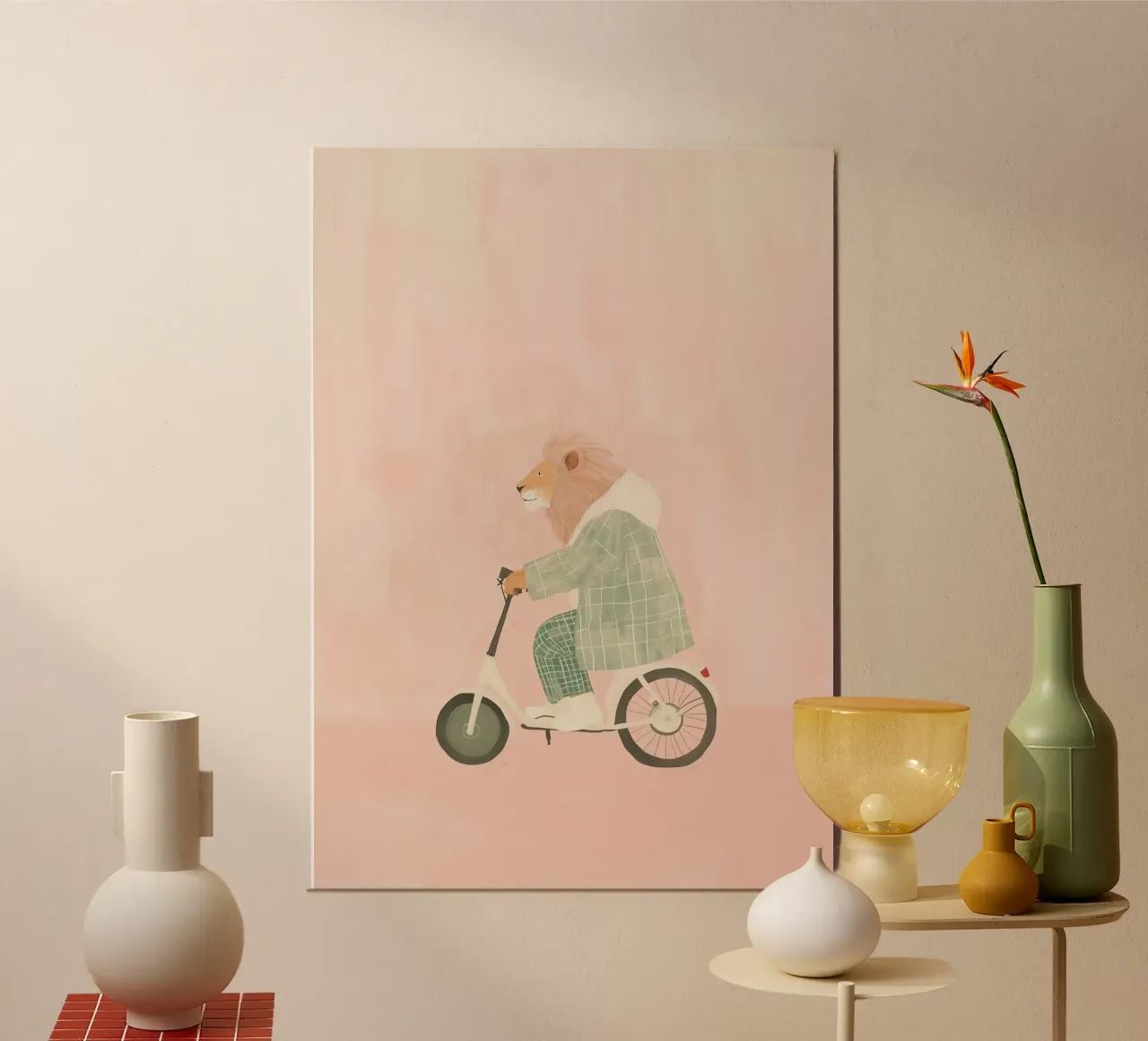 Fietsen met leeuw, leuke kinderprint voor babykamer, grappige leeuwenprint poster met kunststof frame van Little Lola