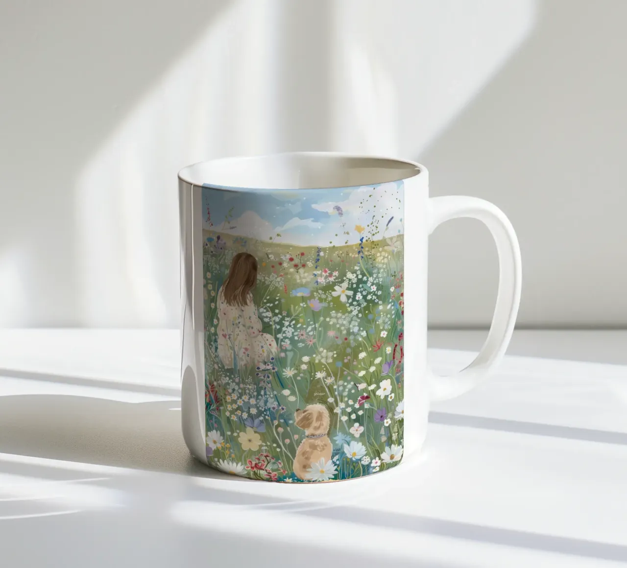 Grillige Print met Hond in Bloemenveld, Landschap Print keramische mok van ArtHaus