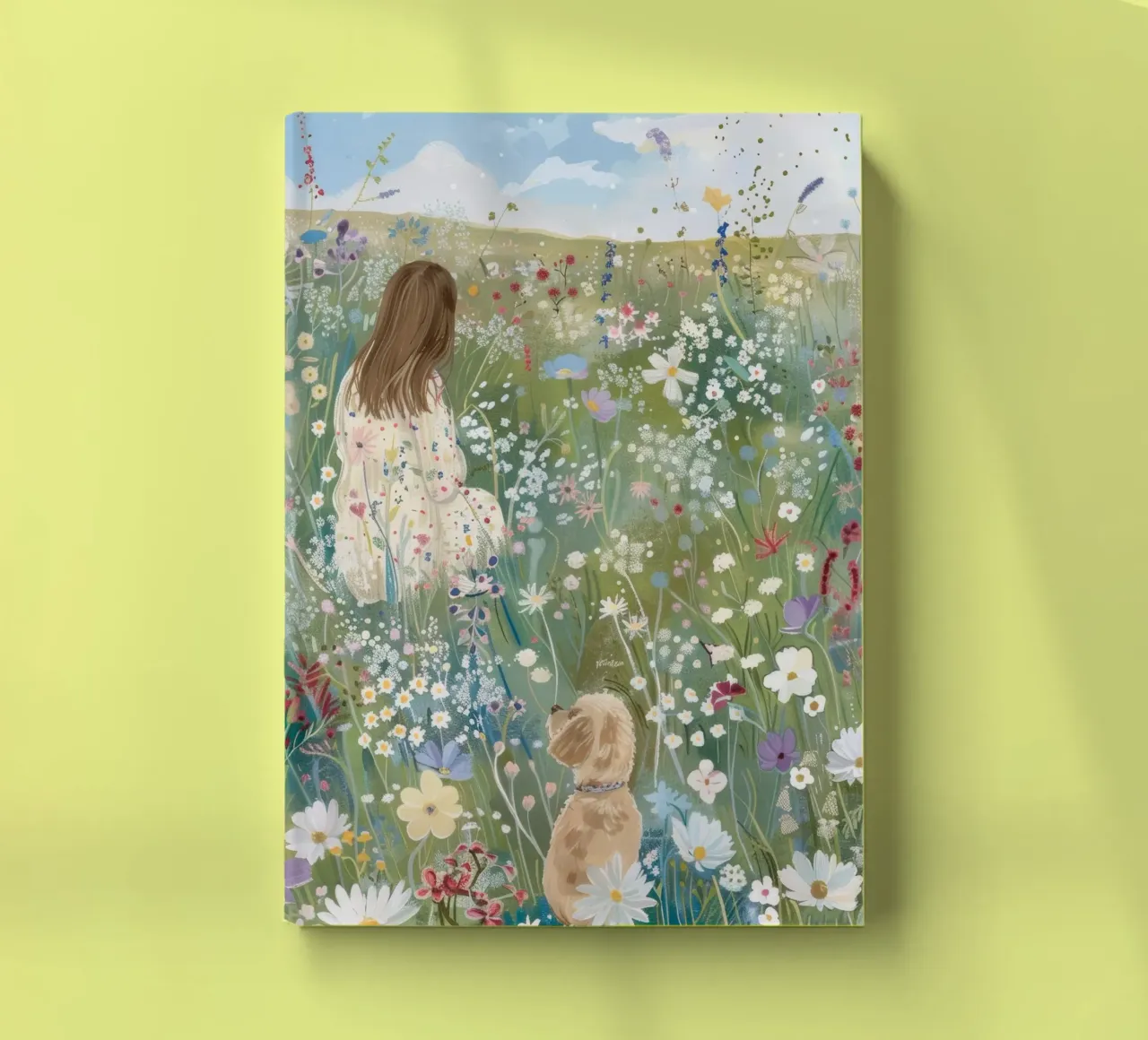 Whimsical Print with Dog in Flower Field, Landscape Print notebook by ArtHaus