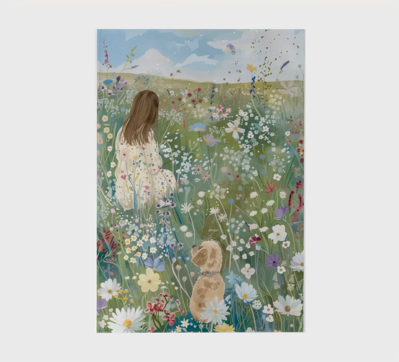 Whimsical Print with Dog in Flower Field, Landscape Print notebook by ArtHaus