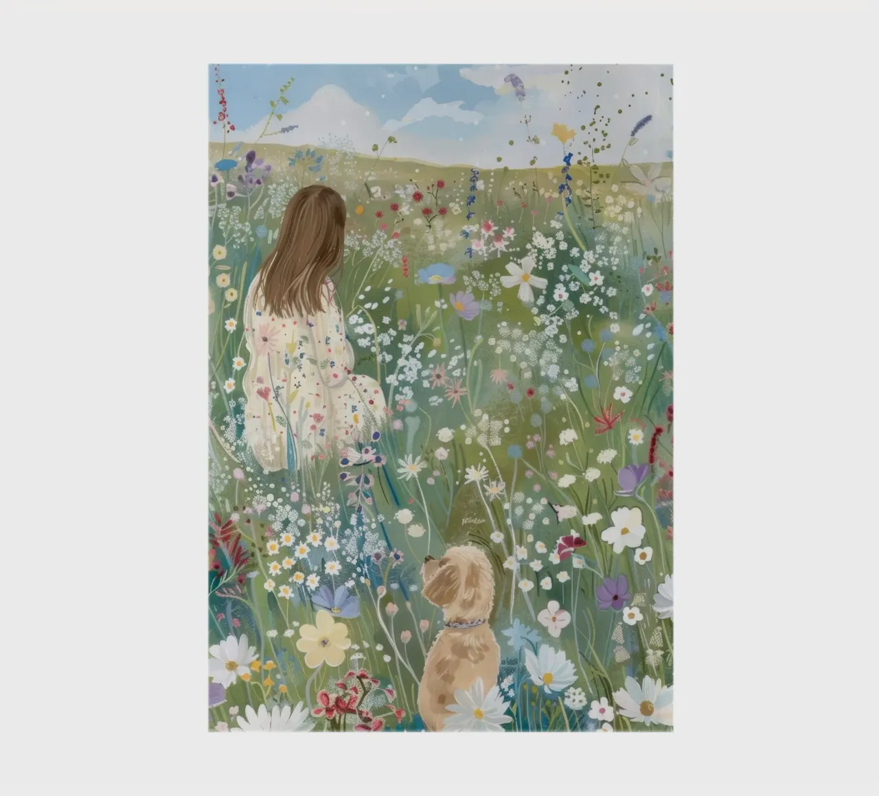 Whimsical Print with Dog in Flower Field, Landscape Print notebook by ArtHaus
