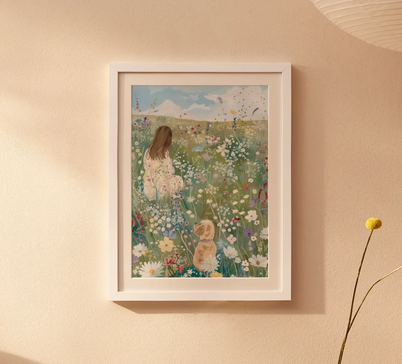 Impression fantaisiste avec un chien dans un champ de fleurs, impression de paysage poster avec cadre en aluminium de ArtHaus