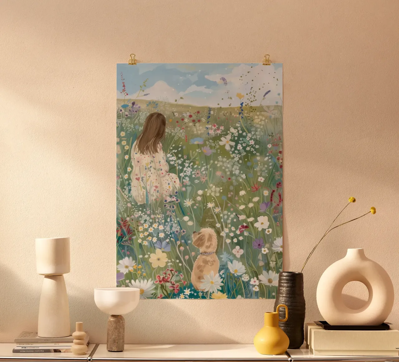 Impression fantaisiste avec un chien dans un champ de fleurs, impression de paysage poster avec cadre en aluminium de ArtHaus