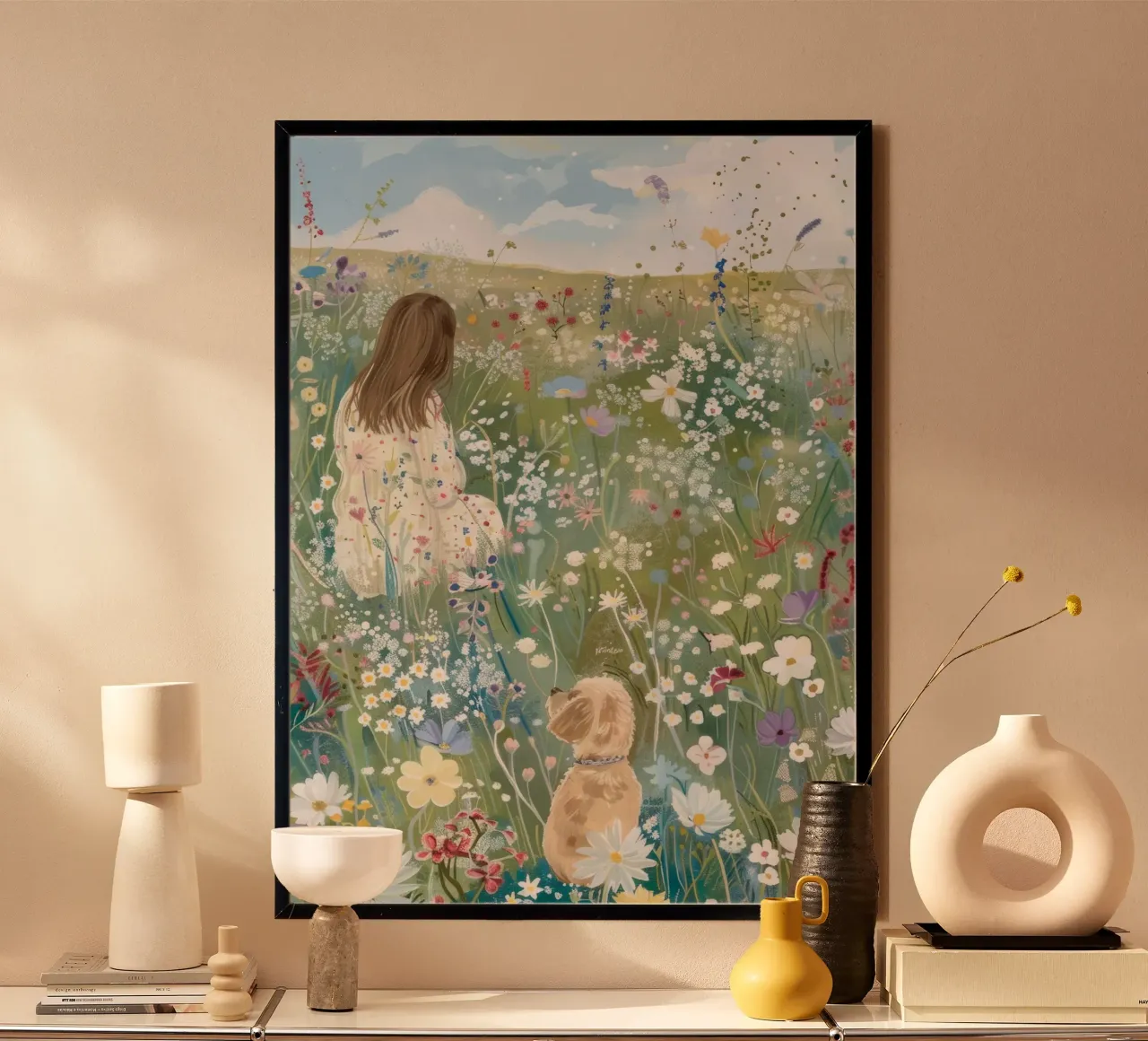 Impression fantaisiste avec un chien dans un champ de fleurs, impression de paysage poster avec cadre en aluminium de ArtHaus