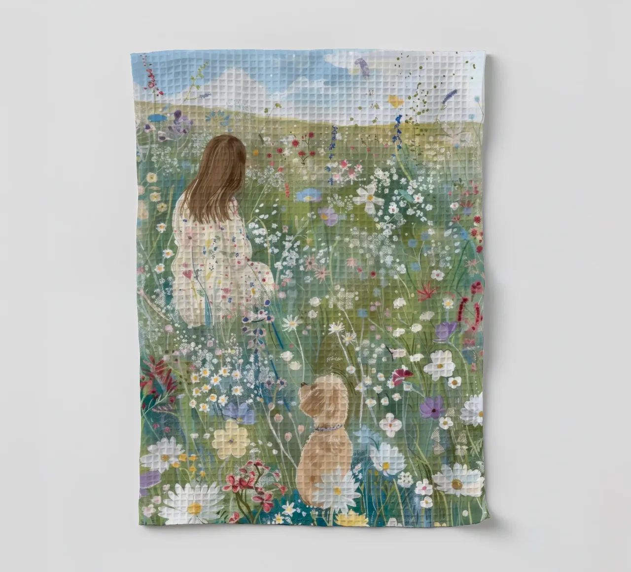 Impression fantaisiste avec un chien dans un champ de fleurs, impression de paysage torchon de ArtHaus