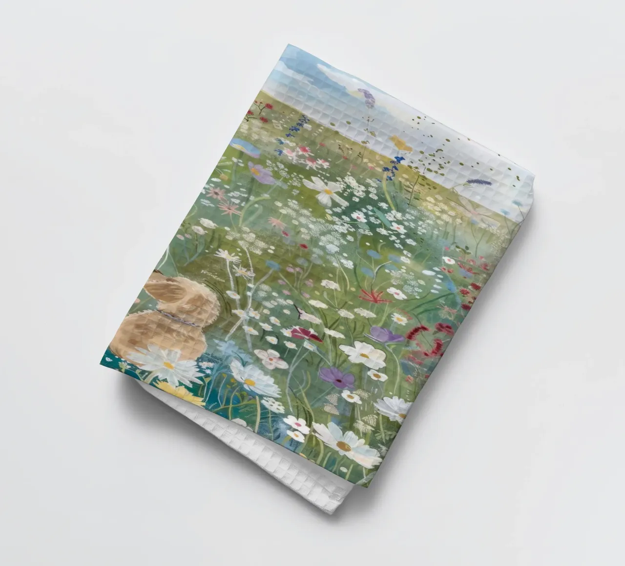 Impression fantaisiste avec un chien dans un champ de fleurs, impression de paysage torchon de ArtHaus