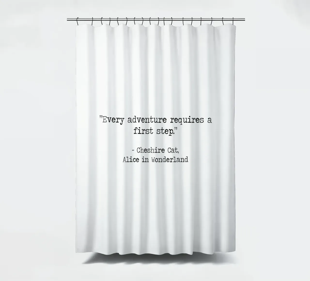 "Every Adventure Requires a First Step" Alice In Wonderland shower curtain by Summer Soul Co. - Quotes