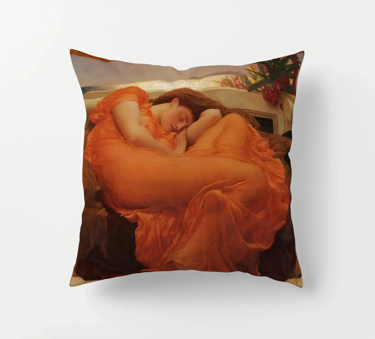Frederic Leighton - Giugno fiammeggiante cuscino da Timeless Artworks
