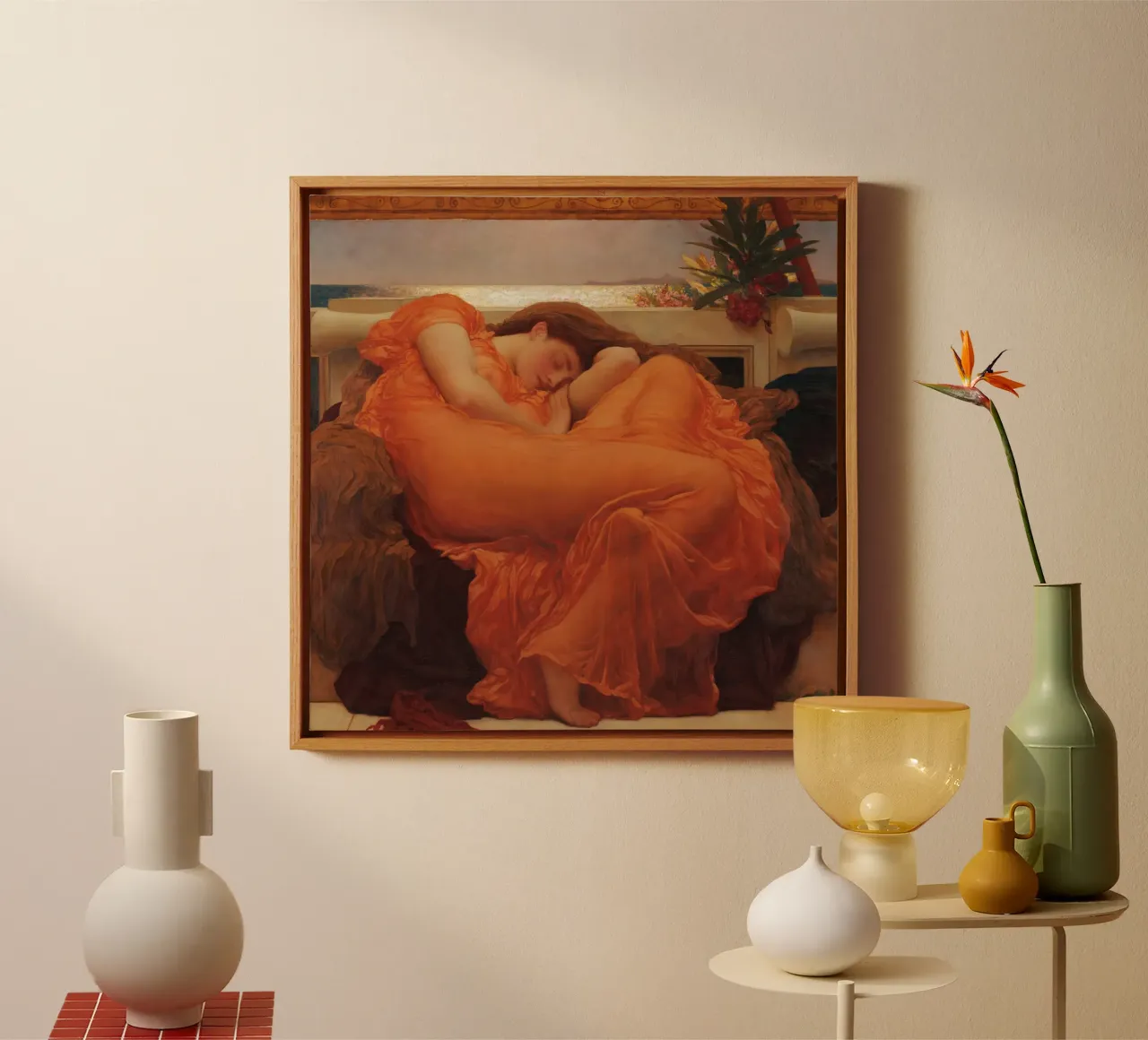 Frederic Leighton - Vlammend juni canvas met Baklijst van Timeless Artworks