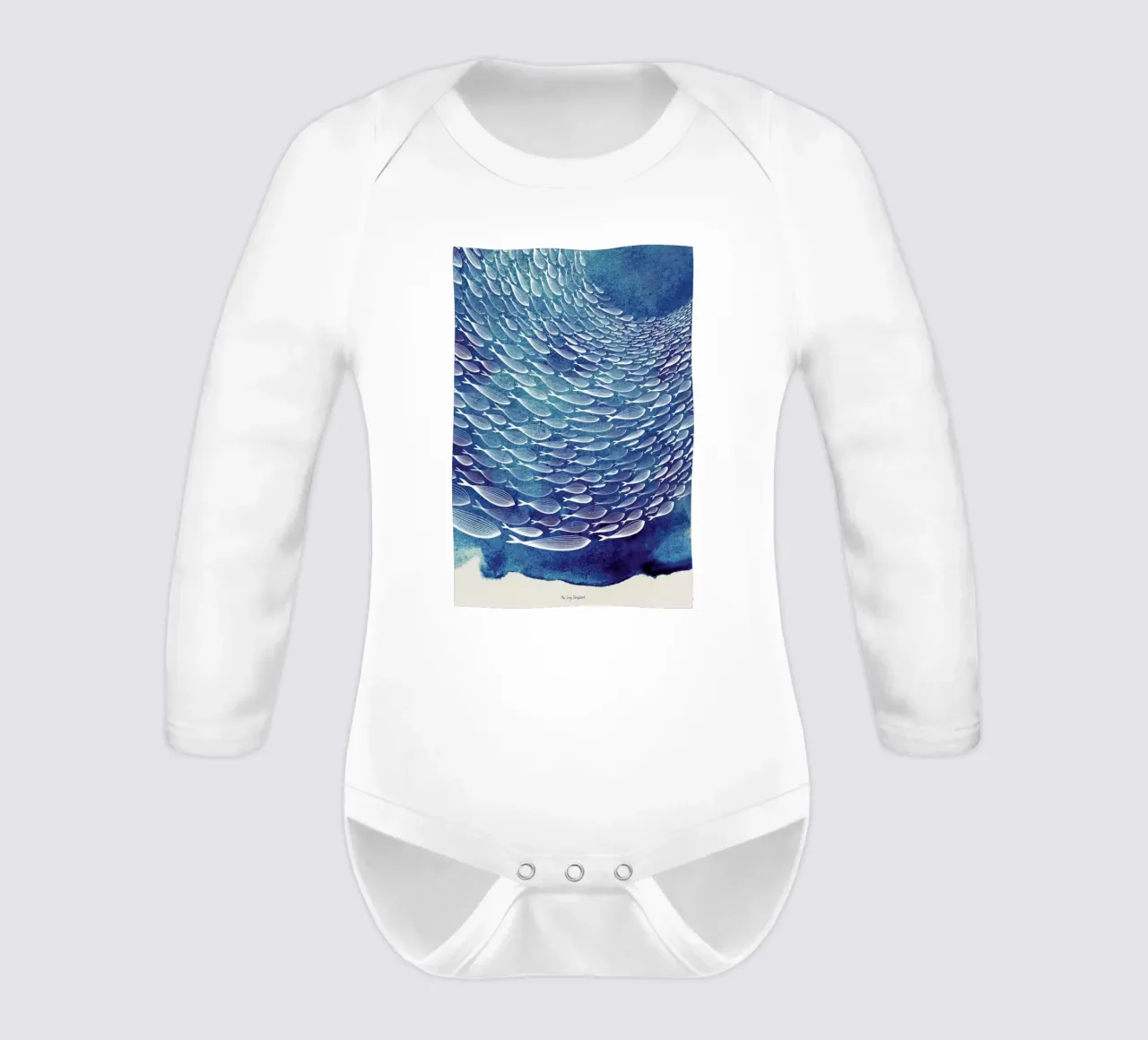 Fish Shoal long-sleeve baby romper by Mie Frey Damgaard