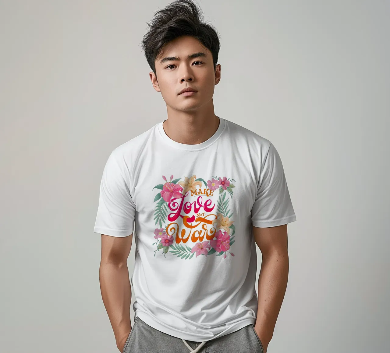 Fate l'amore. Non la guerra. Citazione positiva con fiori in rosa. t-shirt da CalliLetters