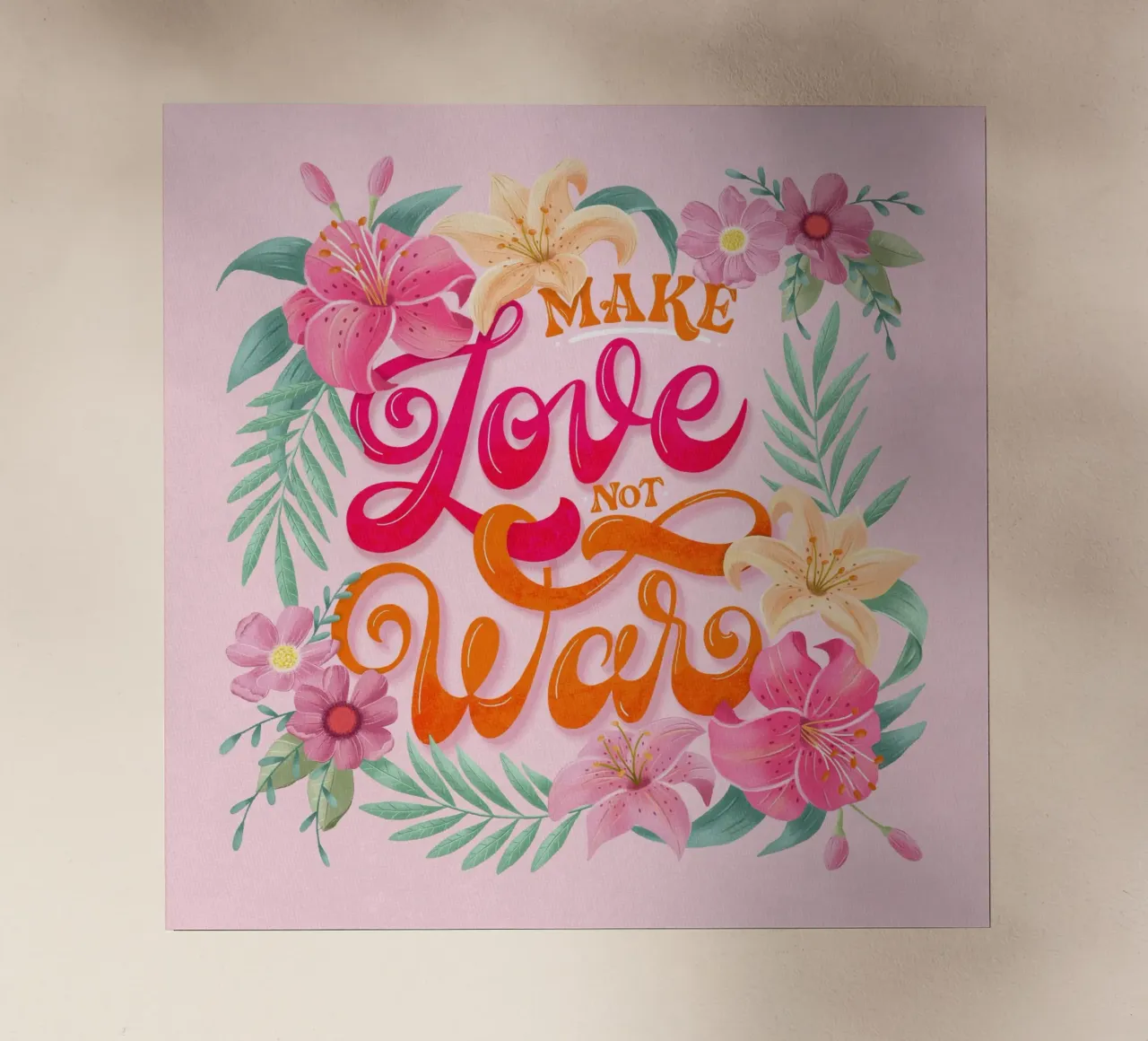 Fate l'amore. Non la guerra. Citazione positiva con fiori in rosa. pellicola backlit da CalliLetters