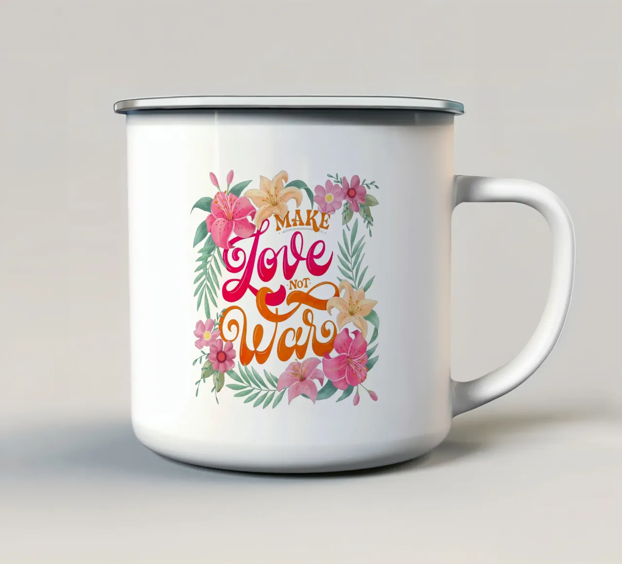 Fate l'amore. Non la guerra. Citazione positiva con fiori in rosa. tazza in smalto da CalliLetters