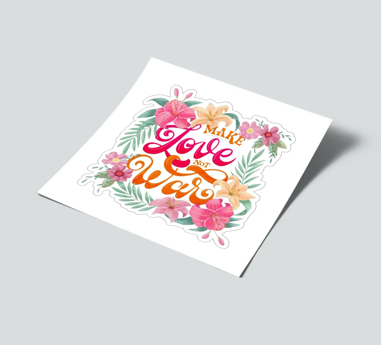 Fate l'amore. Non la guerra. Citazione positiva con fiori in rosa. foglio adesivo da CalliLetters