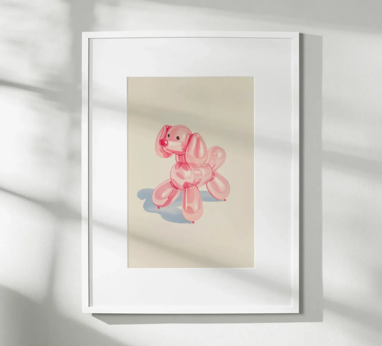 Cane con palloncino rosa poster con telaio in plastica da Jungle Joy Art