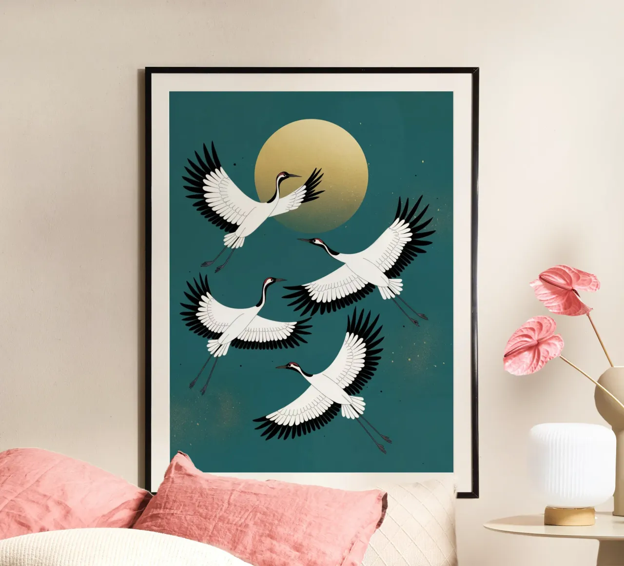 Gru in volo poster con telaio in legno da logic