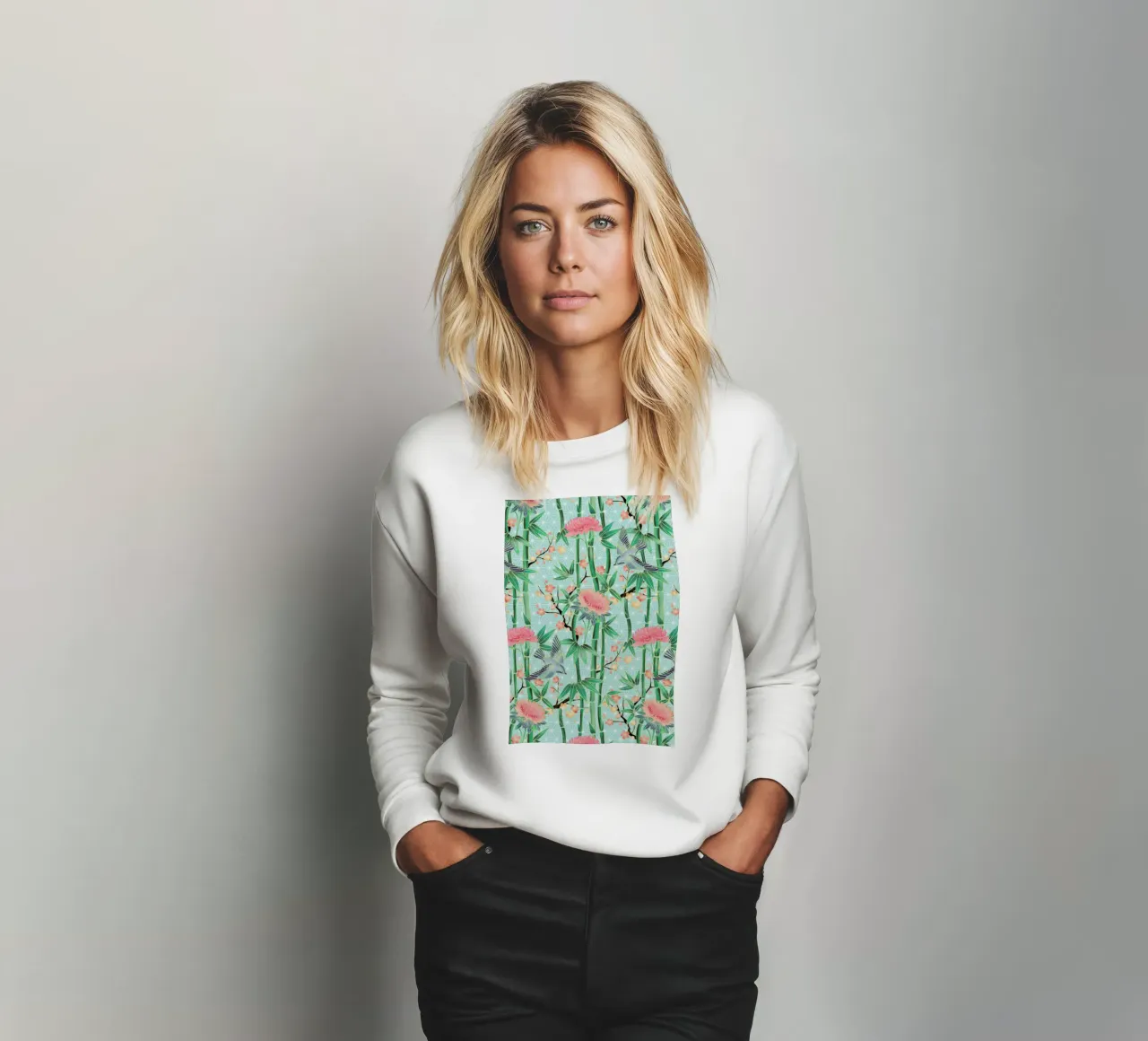 Bamboo Birds and Blossom Mint felpa da Micklyn Le Feuvre