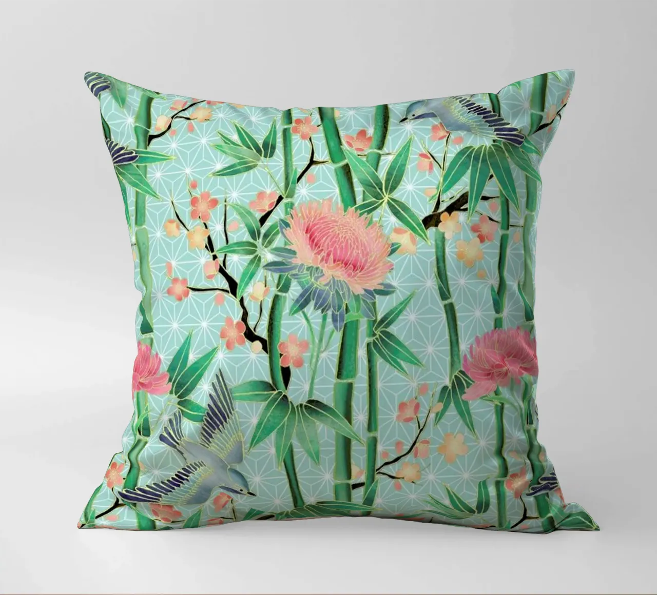 Bamboo Birds and Blossom Mint cuscino da Micklyn Le Feuvre