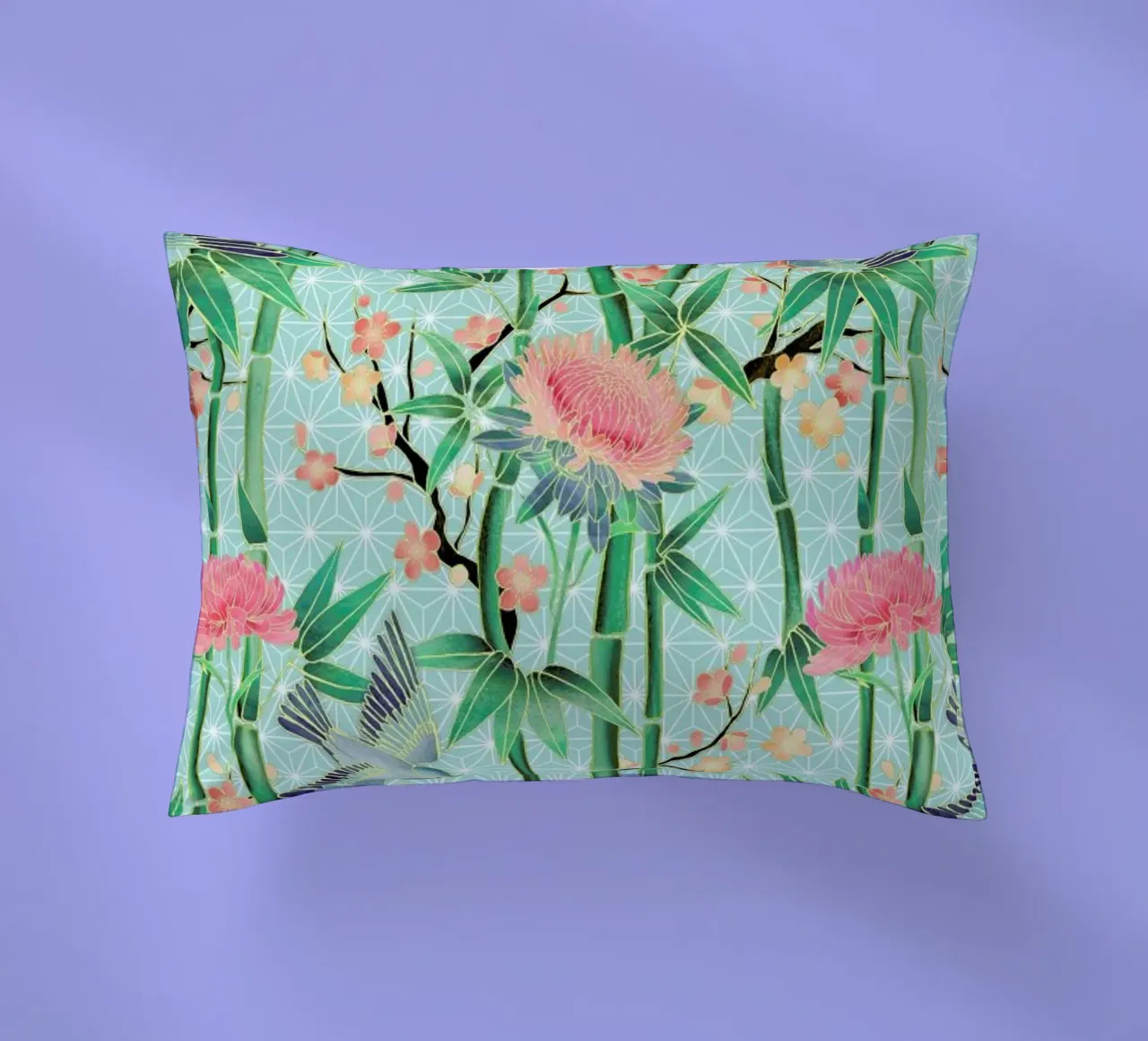 Bamboo Birds and Blossom Mint cuscino da Micklyn Le Feuvre