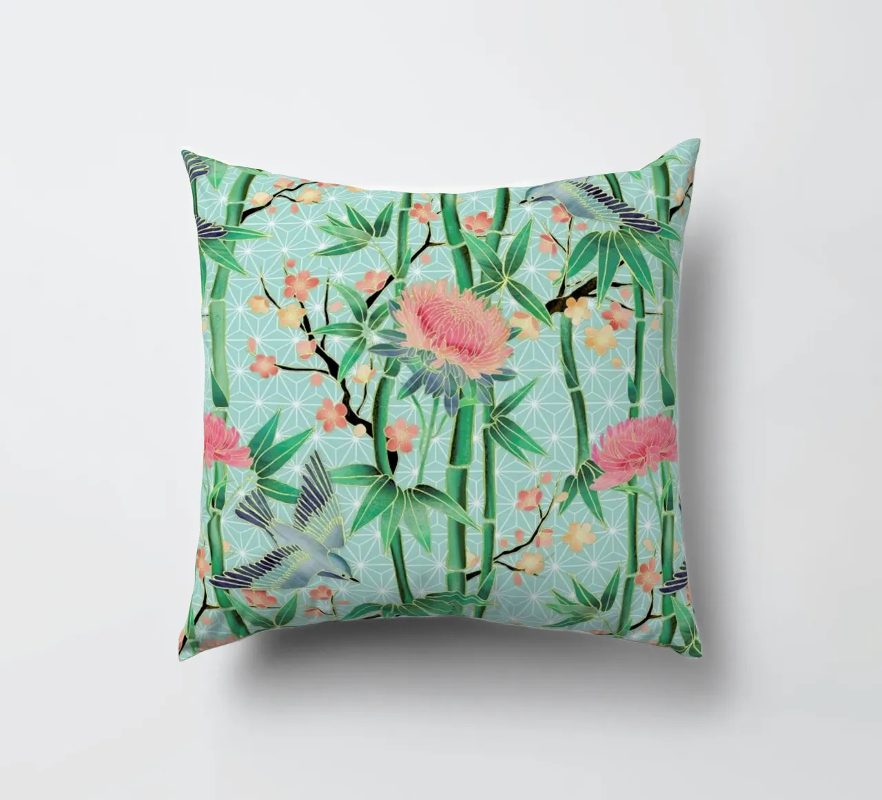 Bamboo Birds and Blossom Mint cuscino da Micklyn Le Feuvre