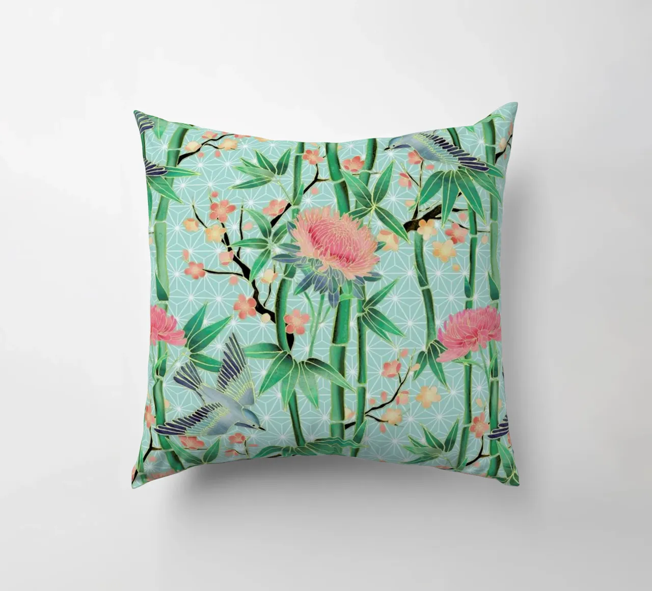 Bamboo Birds and Blossom Mint cuscino da Micklyn Le Feuvre