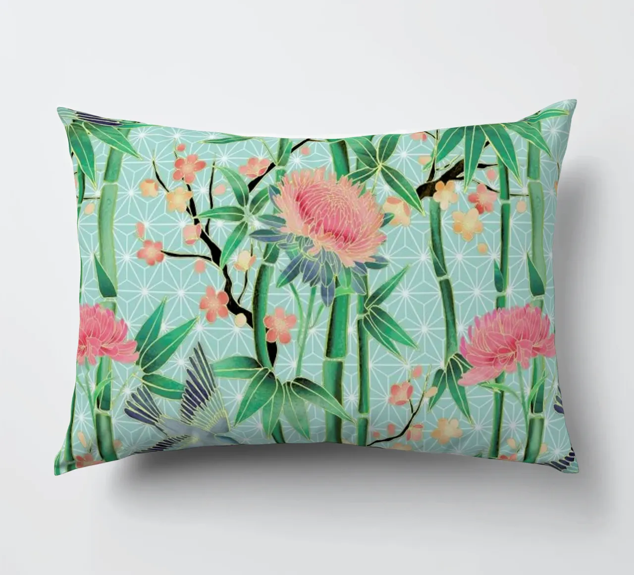 Bamboo Birds and Blossom Mint cuscino da Micklyn Le Feuvre