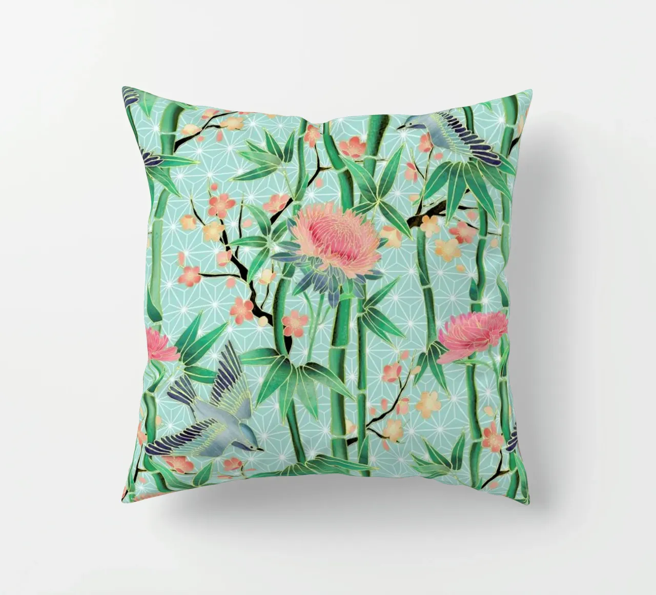 Bamboo Birds and Blossom Mint cuscino da Micklyn Le Feuvre