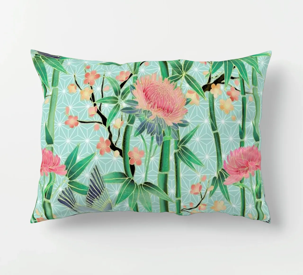 Bamboo Birds and Blossom Mint cuscino da Micklyn Le Feuvre
