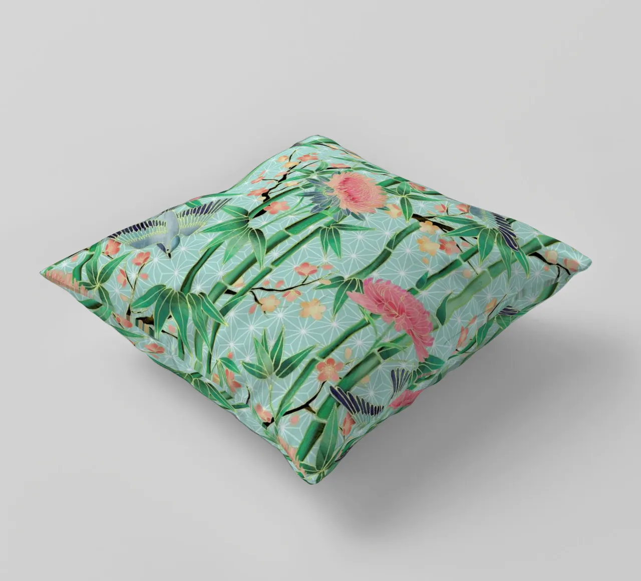 Bamboo Birds and Blossom Mint cuscino da Micklyn Le Feuvre