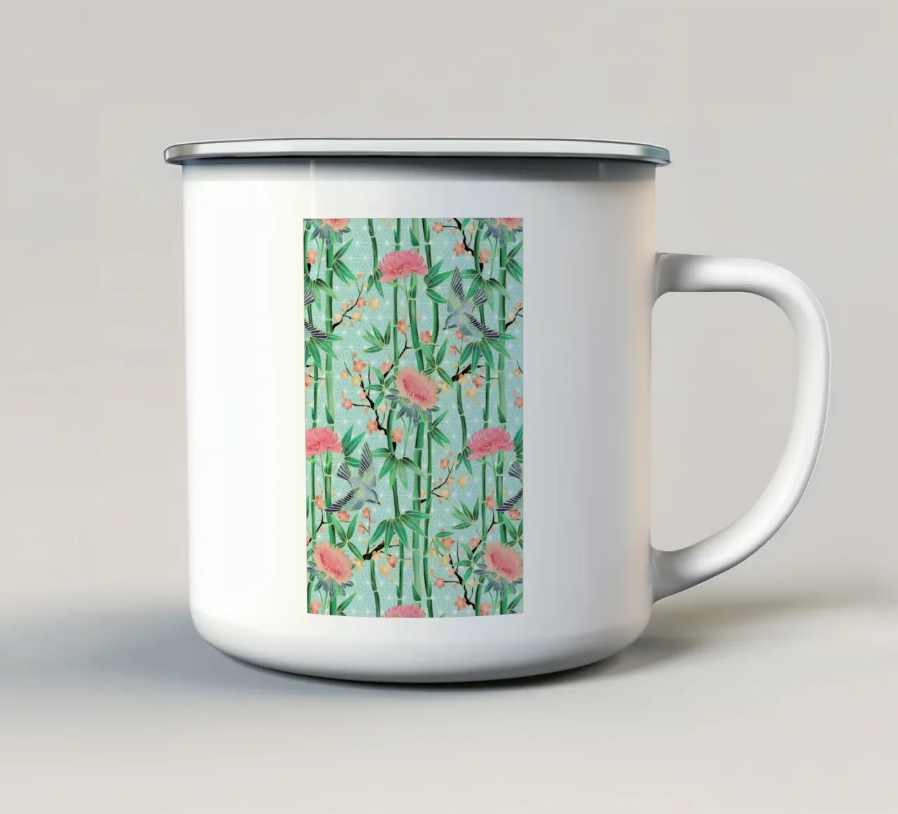 Bamboo Birds and Blossom Mint tazza in smalto da Micklyn Le Feuvre