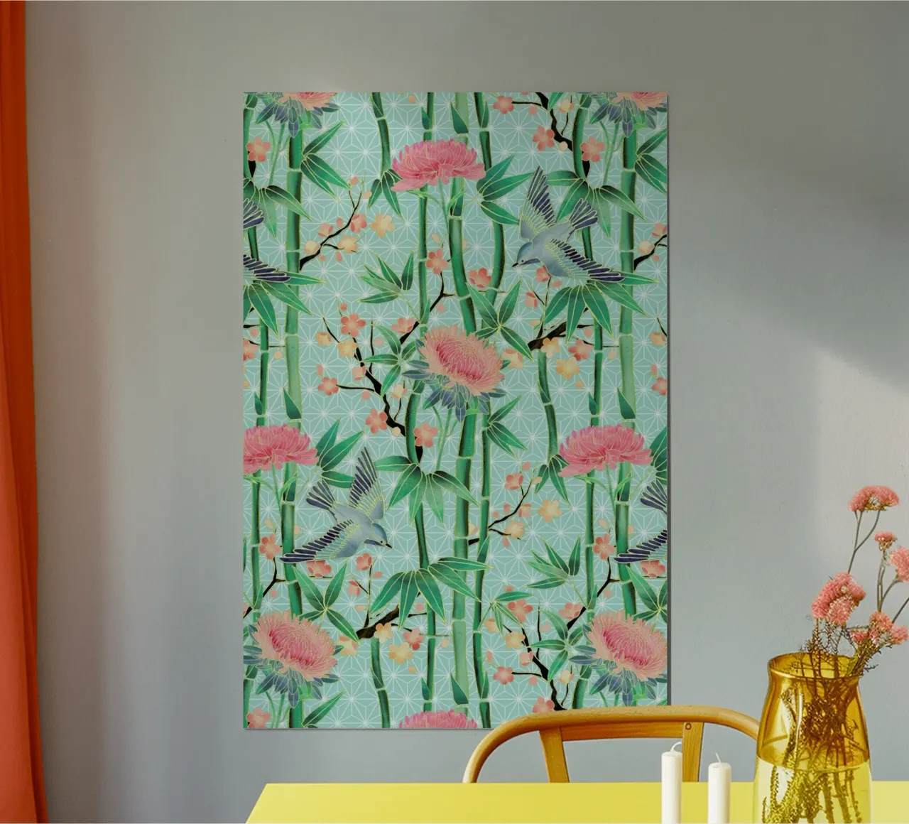 Bamboo Birds and Blossom Mint poster con telaio in alluminio da Micklyn Le Feuvre