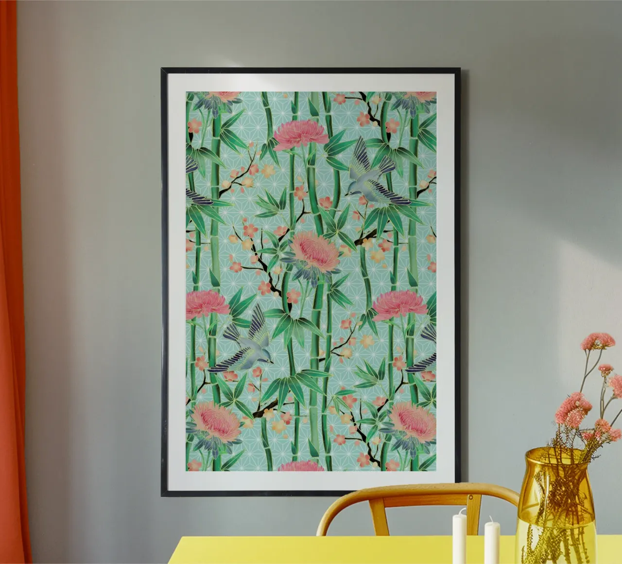 Bamboo Birds and Blossom Mint poster con telaio in alluminio da Micklyn Le Feuvre