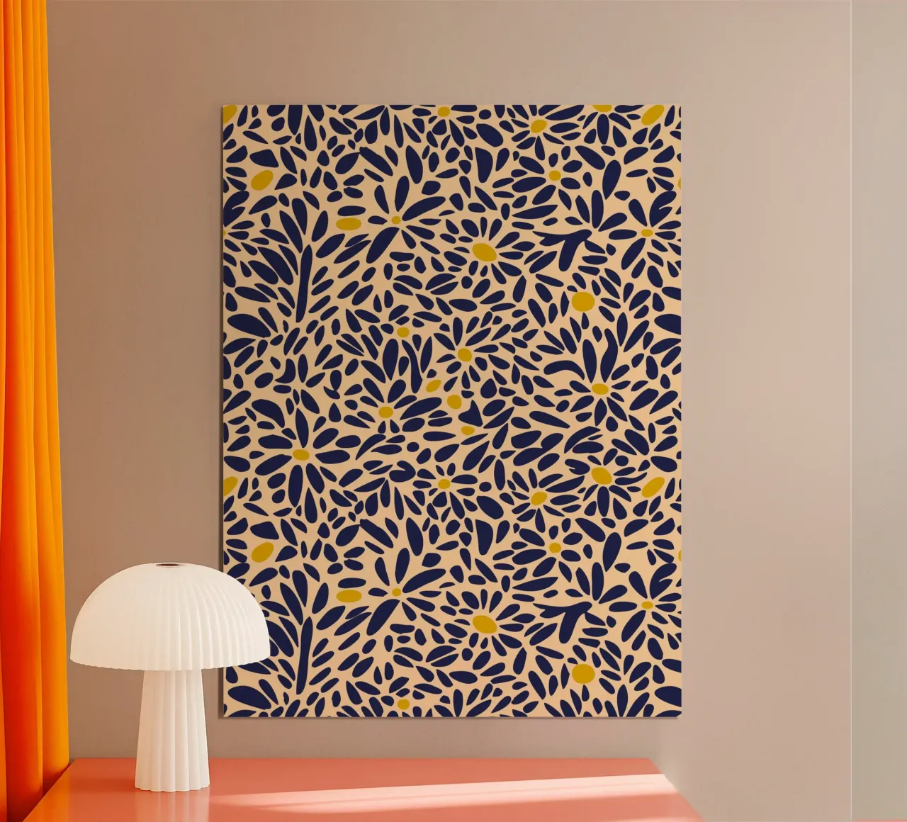 Mare di fiori - motivo astratto in blu e oro poster con telaio in legno da Spunk