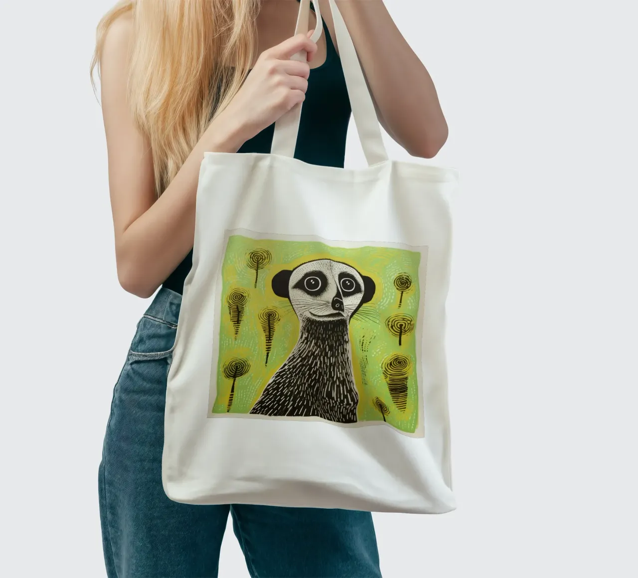 Green Meerkat 1 tote bag by Minimal Animal Art