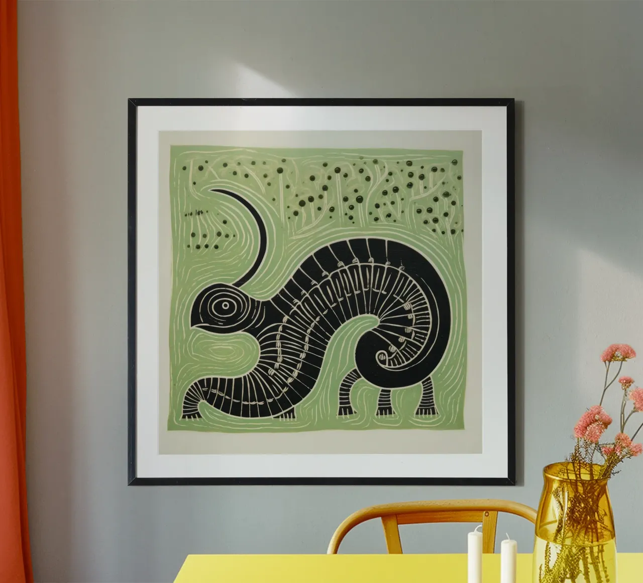 Millipede verde 1 poster con telaio in alluminio da Minimal Animal Art