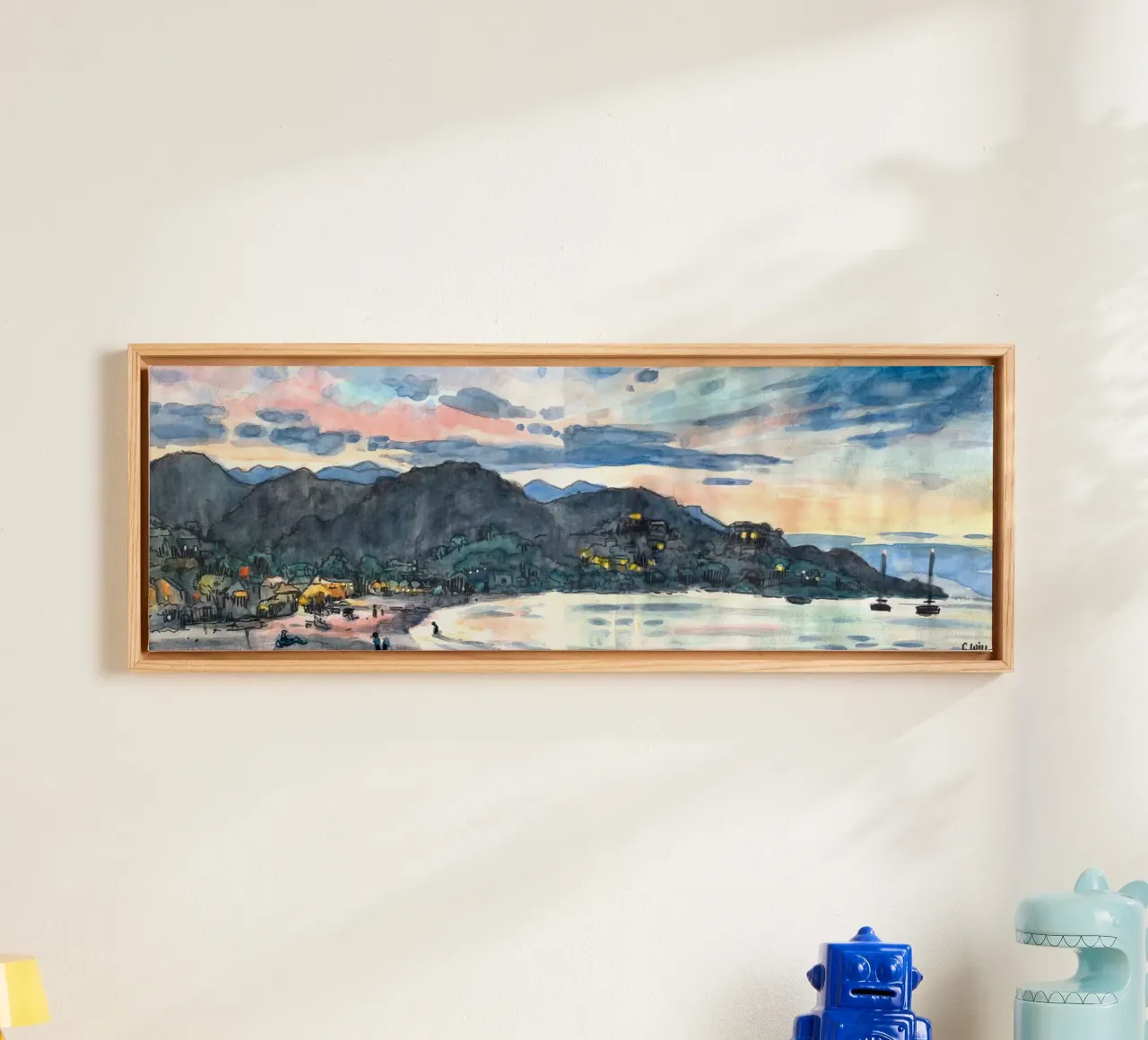 Strand von Favone in der Abenddämmerung Leinwand mit Schattenfugenrahmen von C.WILL