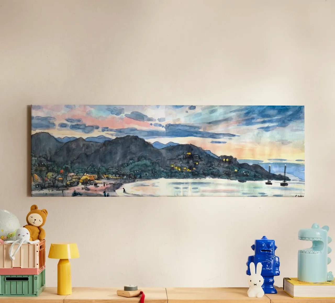 Strand von Favone in der Abenddämmerung Leinwand mit Schattenfugenrahmen von C.WILL