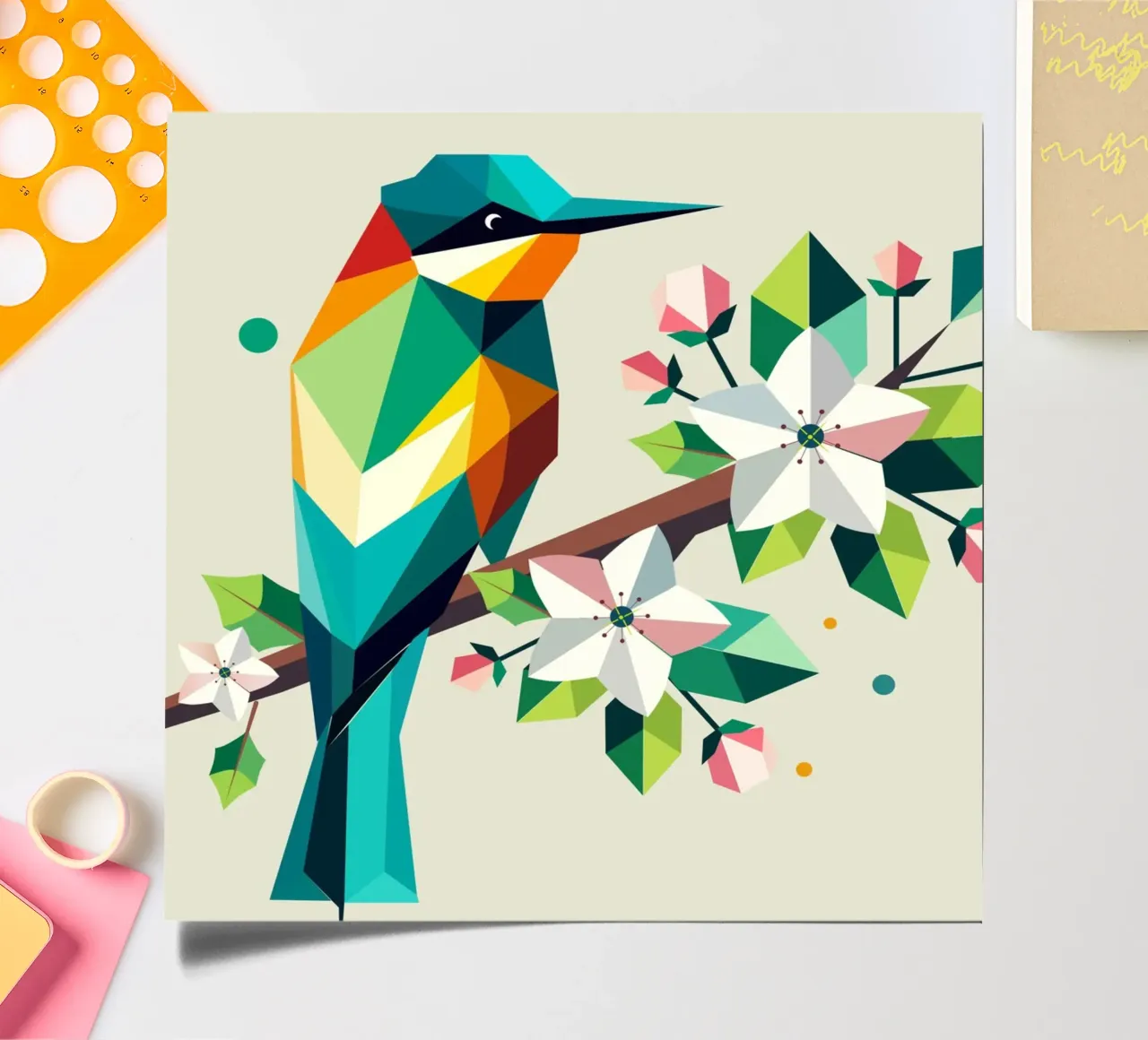 Colourful geometric bee-eater on apple blossoms sticker sheet by namosh