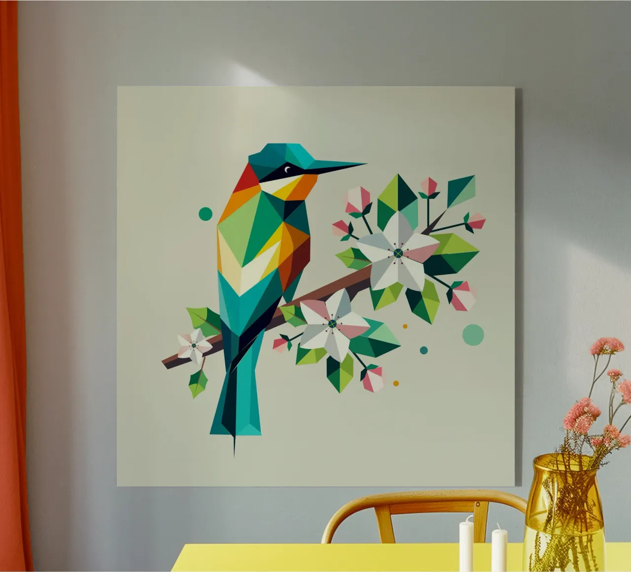 Kleurrijke geometrische bijeneter op appelbloesem acryl van namosh