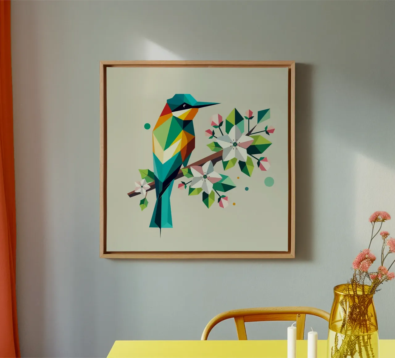 Colourful geometric bee-eater on apple blossoms canvas with Floater frame by namosh