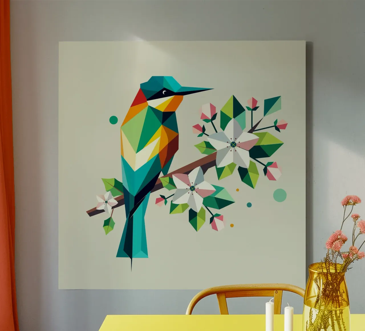 Colourful geometric bee-eater on apple blossoms canvas with Floater frame by namosh
