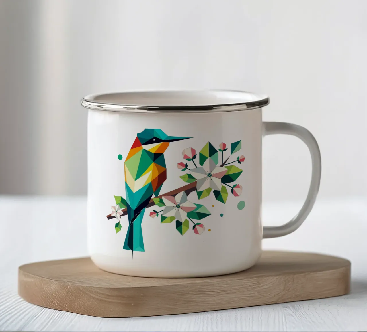 gruccione geometrico ornato su un ramo di fiori tazza in smalto da namosh